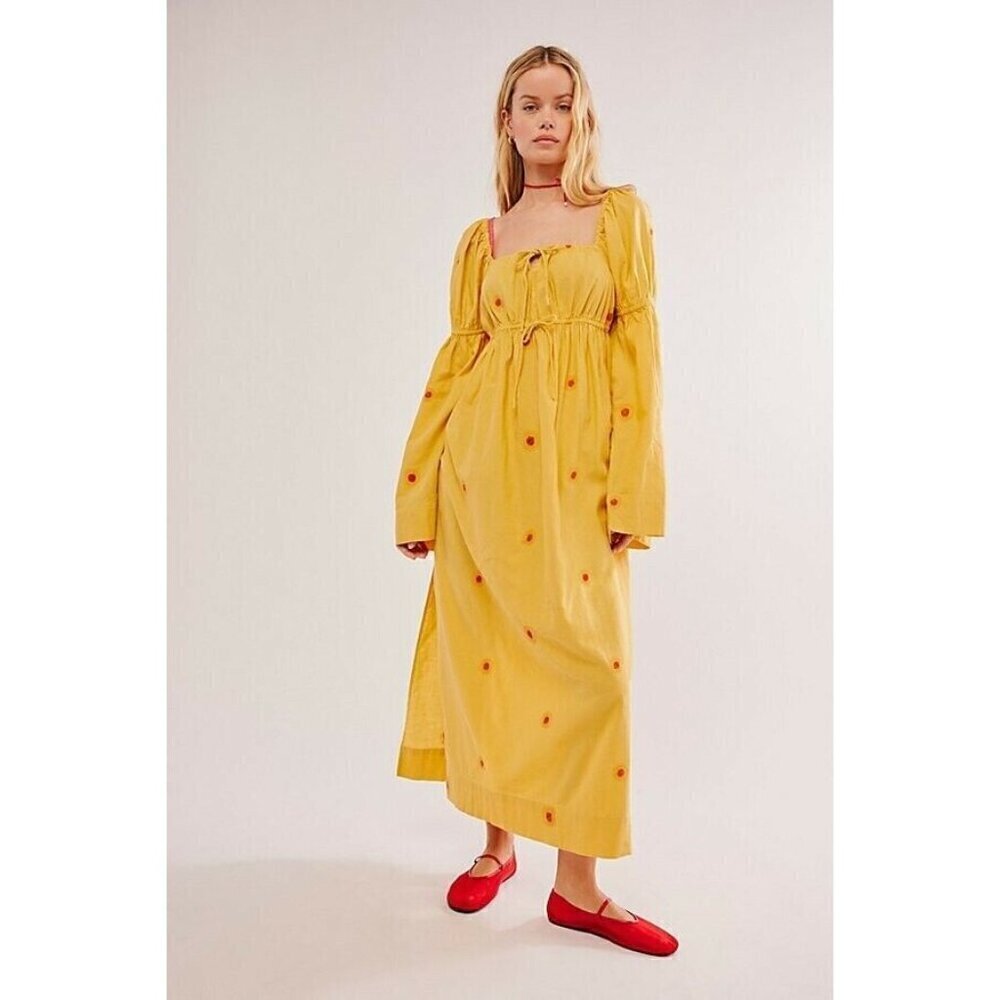 NEW FREE PEOPLE EMORY YELLOW FLOWER EMBROIDERED LONG SLEEVE MIDI DRESS SMALL
